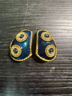 Yosca Vintage Signed Gold-Trim Blue Enamel Rhinestone Teardrop Clip-On Earrings
